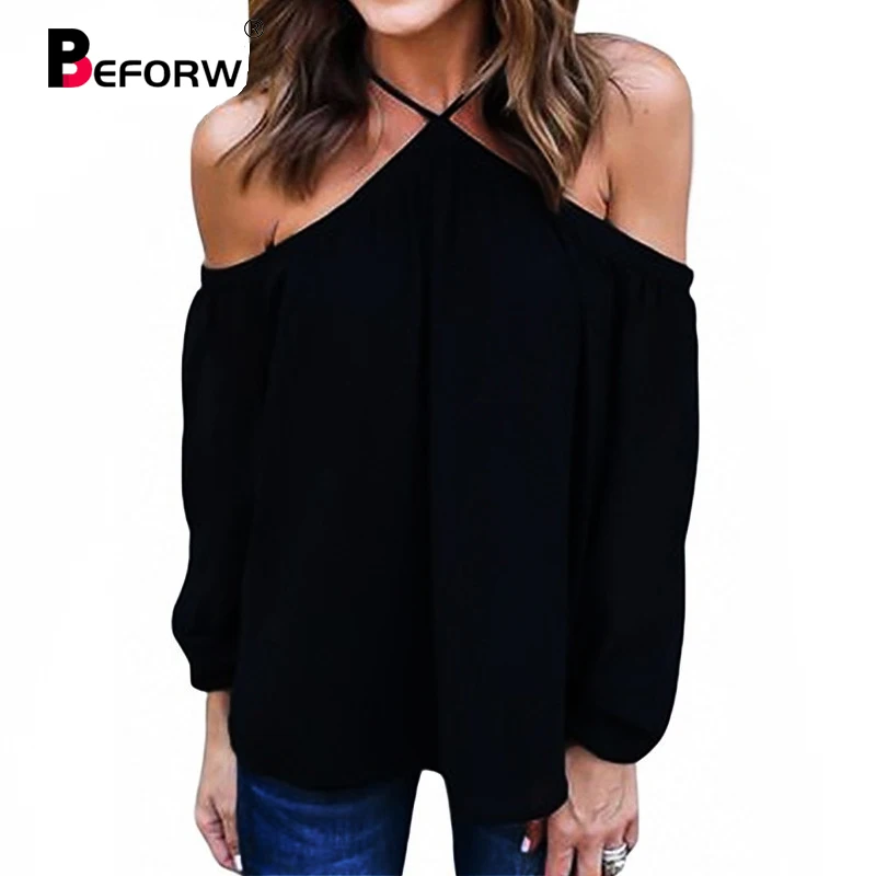 

BEFORW 2018 Summer Sexy Women Blouses Women Long Sleeve Shirt Female O-Neck Chiffon Shirts Bare Shoulder Solid Blouses