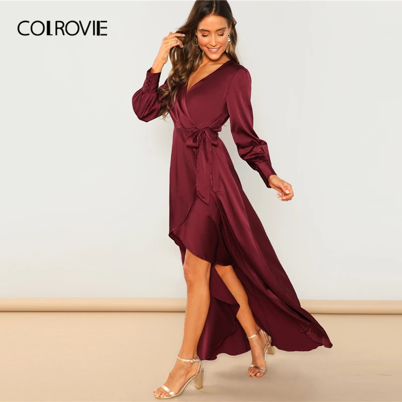 Женское асимметричное платье макси COLROVIE Бордовое с v образным вырезом и поясом