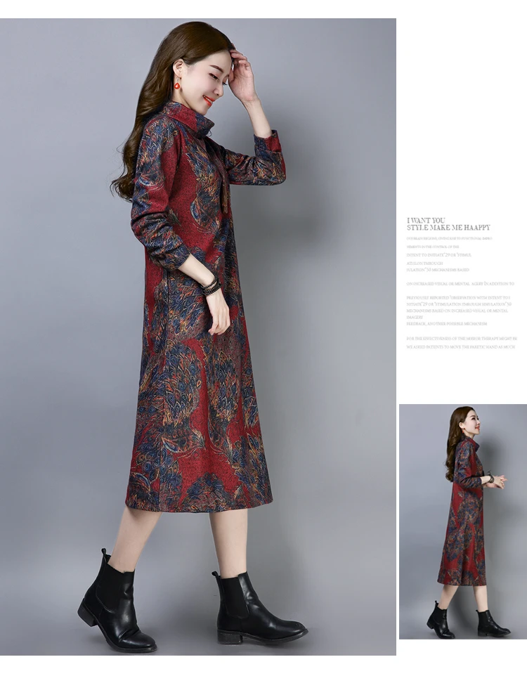3601 Elegant Plus Size Long Dress 4xl for Women Vintage Turtleneck Thick Wool Floral Print Mon Winter Dresses Women 2018 Ladies 9