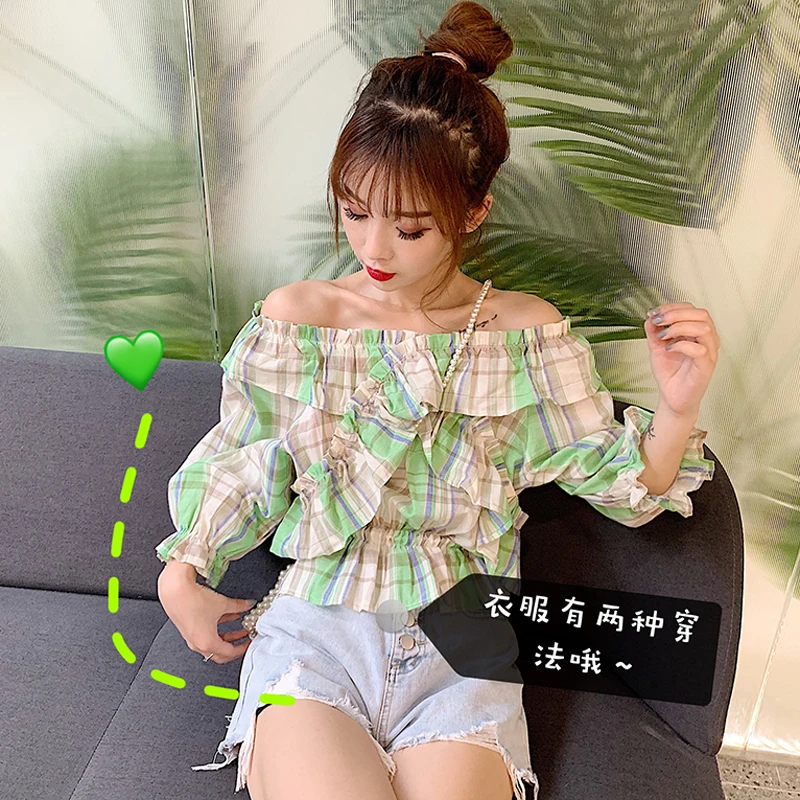 

Beach Style Slash Neck Plaid Blouse Women Ladies Tops with Three Quarter Sleeve Slash Neck Korean Moda Mujer 2019 Ropa