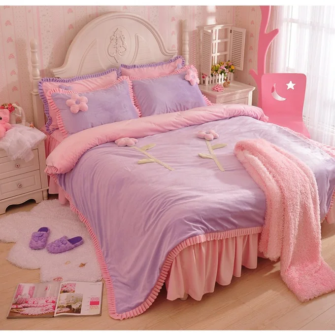 

High quality Korean Lace Princess Flannel Bedding sets 4pcs Bed sheet Duvet cover Two pillowcase for girl kids lady ropa de cama