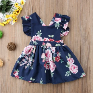 Милые вечерние платья-пачки темно-синего цвета с открытой спиной и цветочным принтом для маленьких девочек летняя одежда