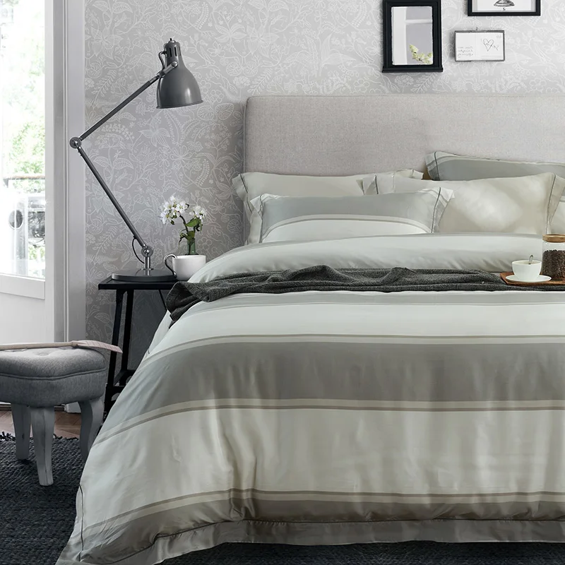 light grey stripes luxury tencel fabric 4pcs bedding sets light grey striped bedding