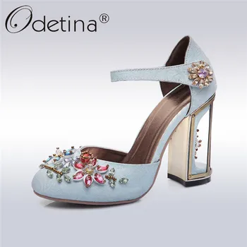 

Odetina 2018 New Fashion Genuine Leather Marry Jane Heels Ankle Strap Crystal Dress Pumps Woman Shoes Flower Fretwork High Heels