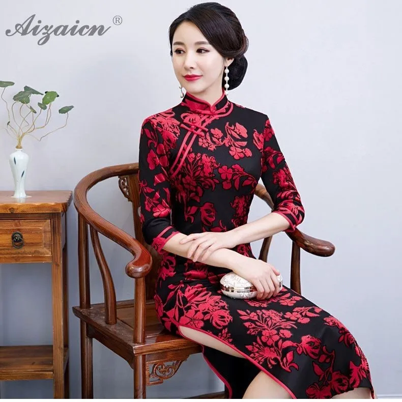 Новые Модные Элегантные Длинные Cheongsam Chinoise винтажное платье Qi Pao Для женщин Китайский традиционный вечернее платье черный с ворсистой