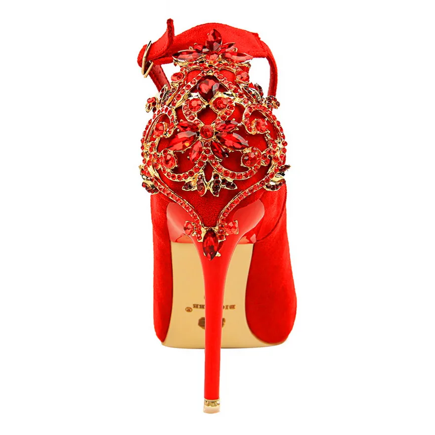 Элегантные свадебные туфли с острым носком и кристаллами; Новинка года; Женские однотонные туфли из флока на высоком каблуке с пряжкой; 5 цветов