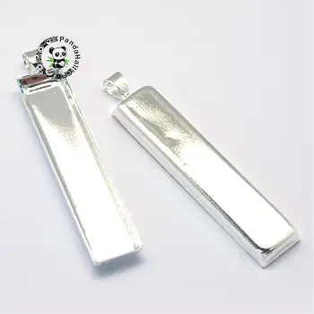 

Brass Big Pendant Cabochon Settings, Rectangle, Silver Color, Tray: 10x50mm; 58.5x11x4mm, Hole: 4x6mm