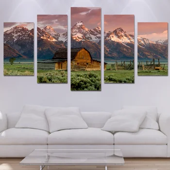 

Canvas Posters Wall Art HD Prints Pictures 5 Pieces Barn Rocky Mountains Cabin Landscape Paintings Framework Living Room Decor