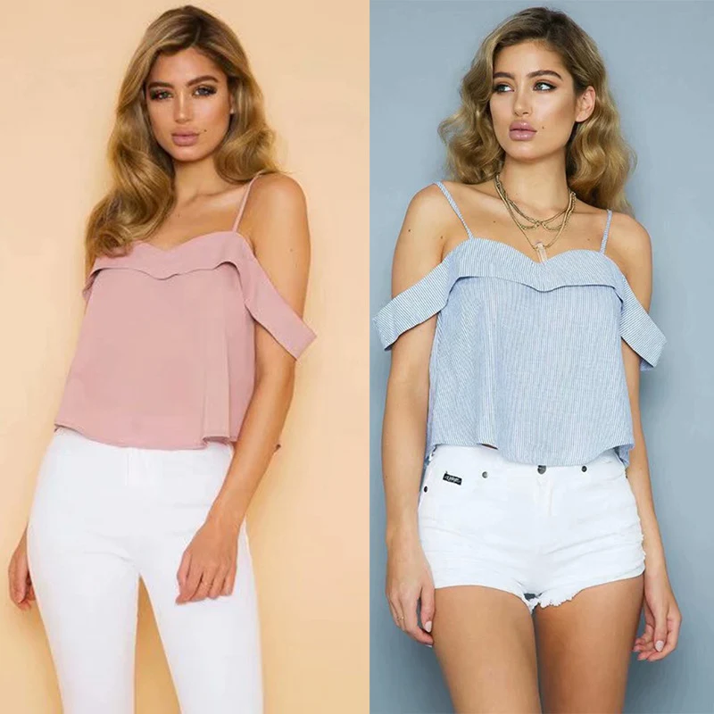 

Spaghetti Strap Short T-Shirt Off The Shoulder Solid Color Ruffles Tees Striped Women Summer Sling Short Sleeve Bottoming Tops