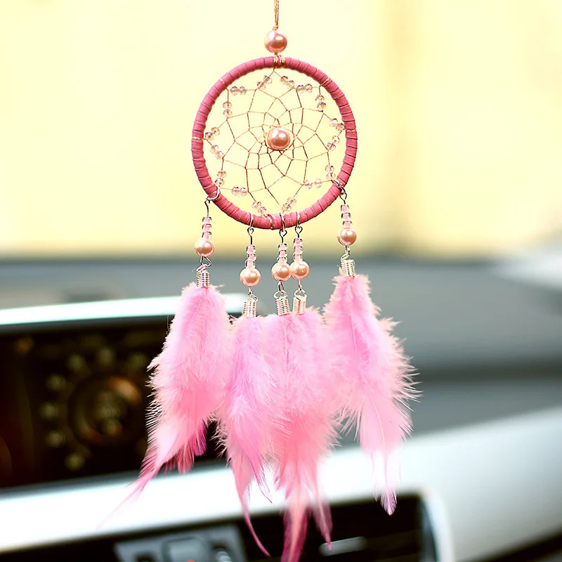 Mofeng Dream Catcher Car Interior Rearview Mirror Hanging Ornament Home Decor Handmade Grids Nature Feather Small Boho Car Charms Pendant Accessories