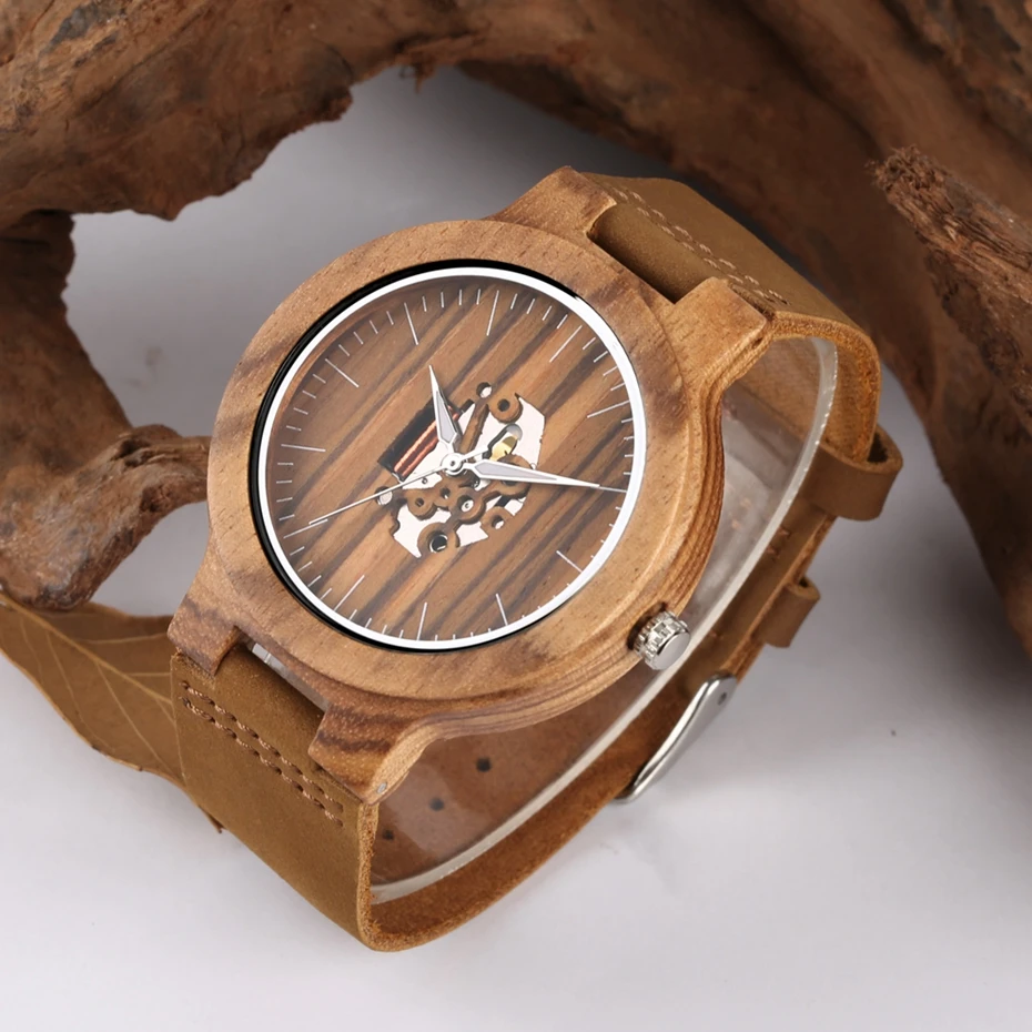 Wooden Watch Mens Watches Retro Zebra Stripe Round Analog Quartz Skeleton Dial Casual Cuff Sport Skeleton Clock Male Hours Gift 2020 2019 2021 (2)