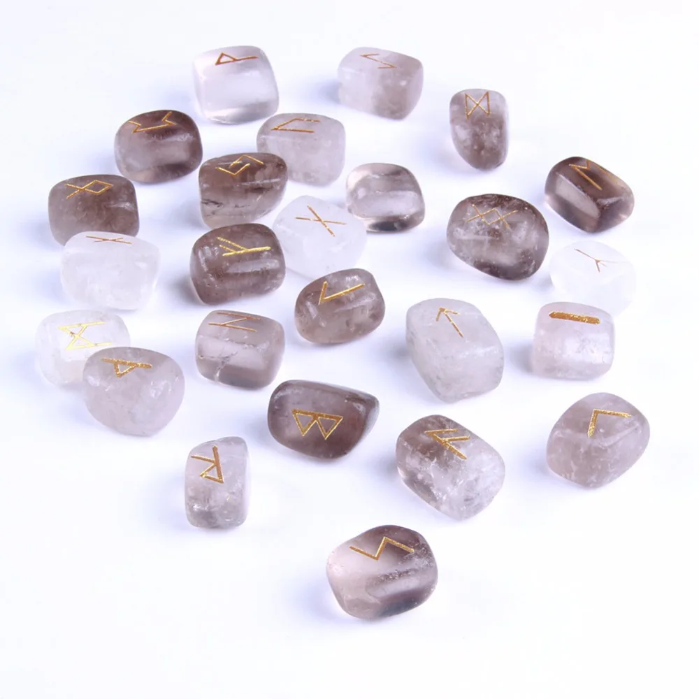 

Natural Smoky Quartz Rune Stones Tumbled Engraved Lettering Crystal Set W/ Free Pouch Chakra Stone Reiki EN0501SY