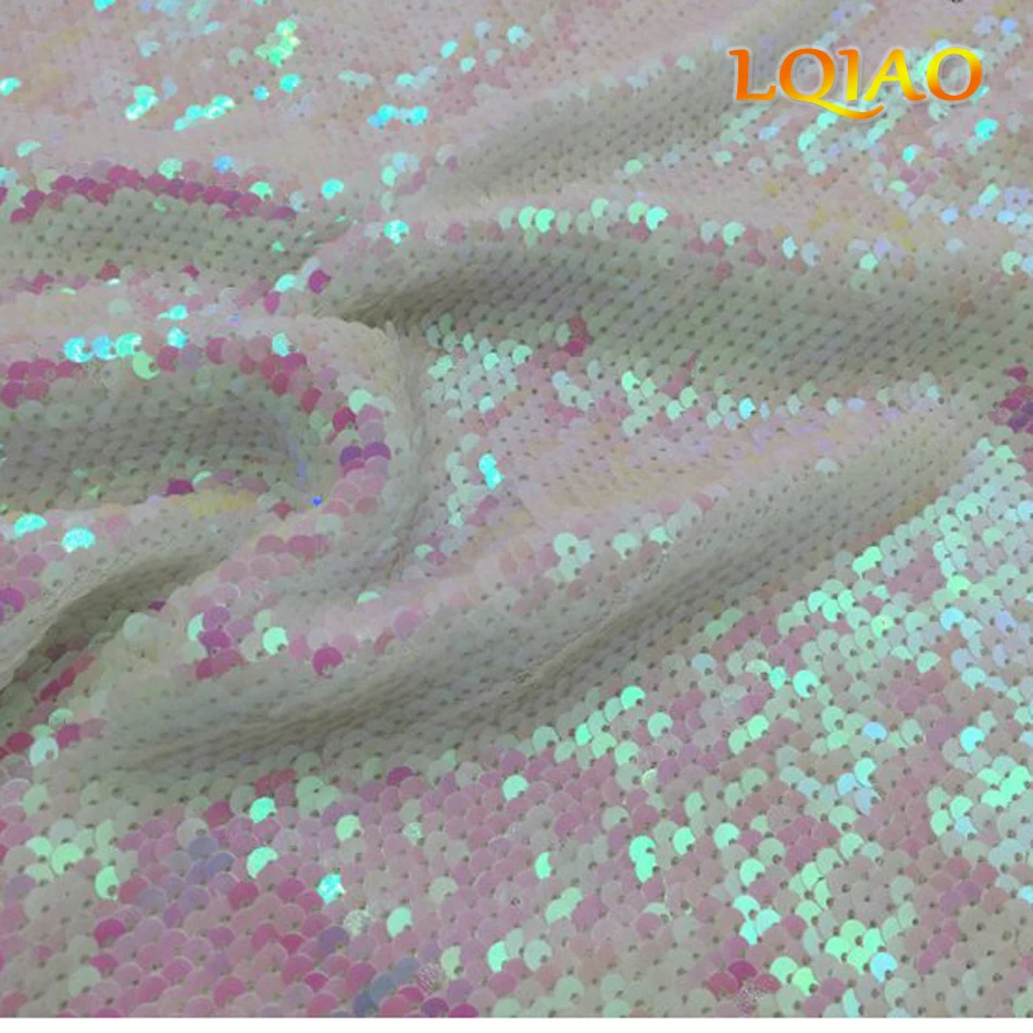

Reversible Sequin Fabric Color Change White Mesh Two Way Stretch Embroidery Mermaid Lace Fabric Evening Dress Wedding Decoration