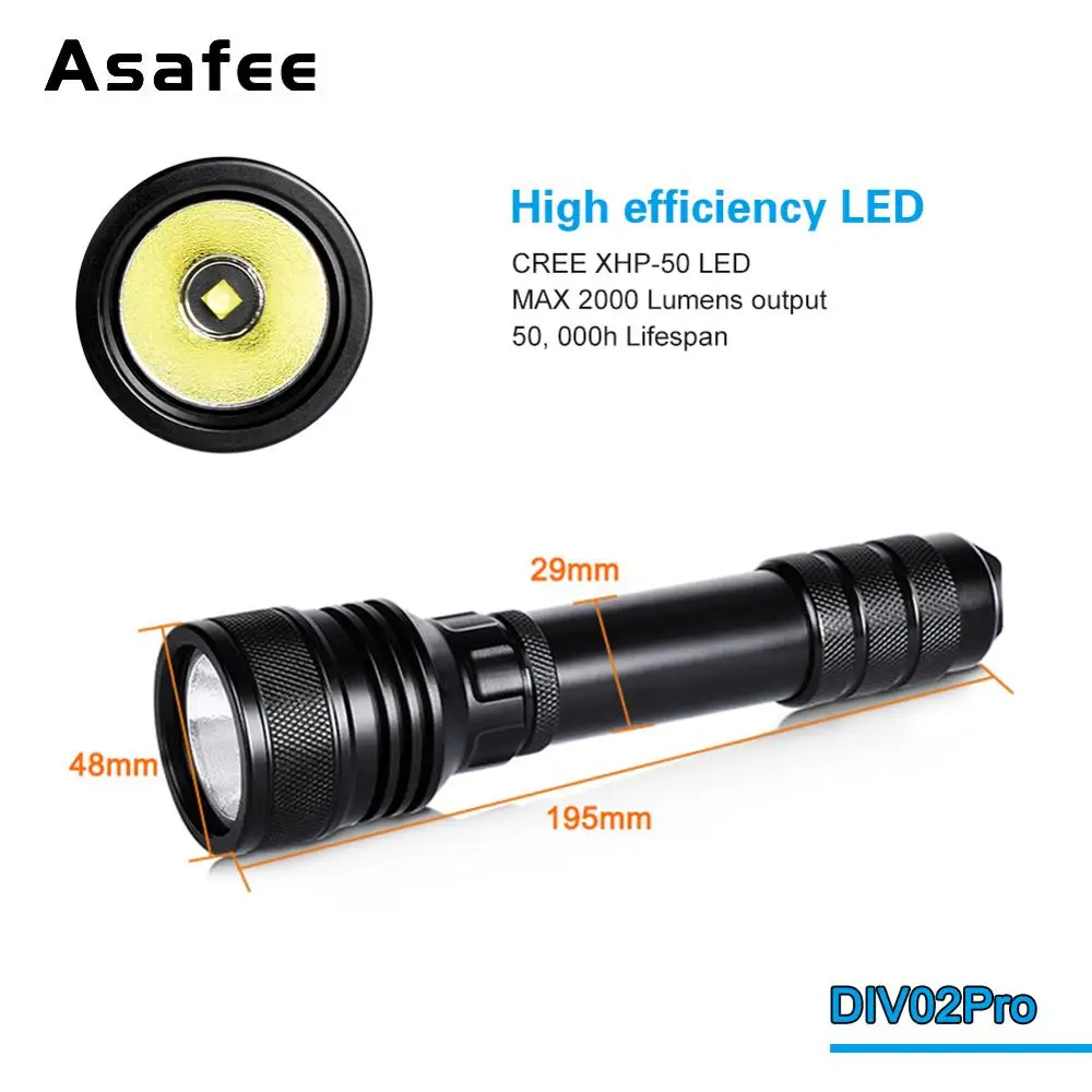 Профессиональный фонарик Asafee для дайвинга 2000 люмен CREE XHP 50 подводный 150 м