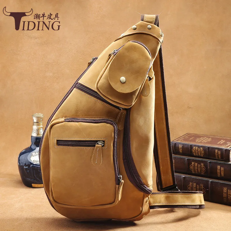 TIDING Luxury Genuine Crazy Horse Leather Men Retro Sling Chest Bag Crossbody Bag Shoulder Bag Messenger Bag 2016 New Free Ship