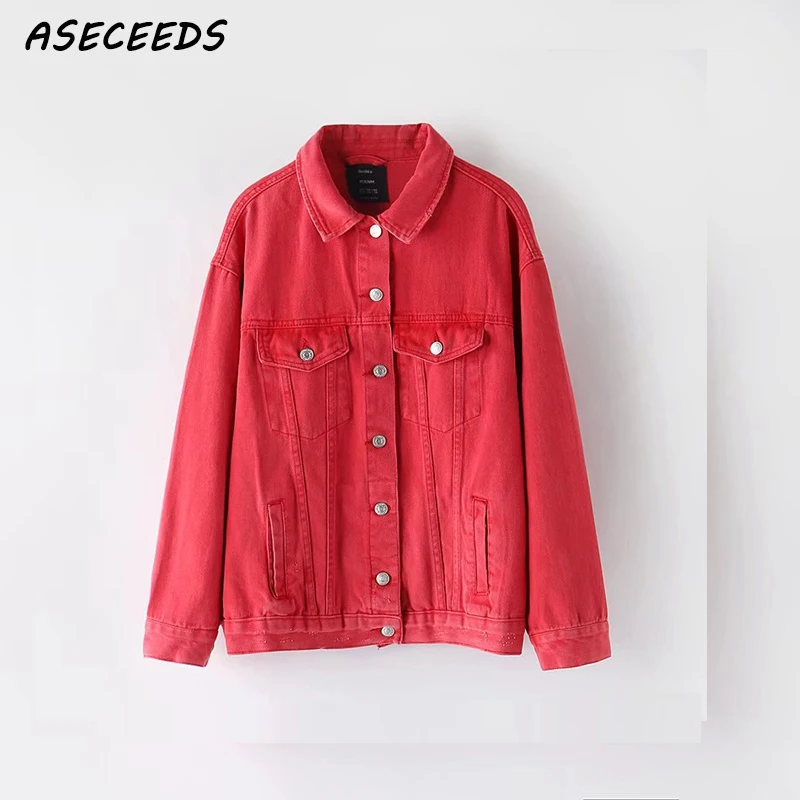 New Spring pink green black denim jacket women basic coat streetwear fashion loose button bomber jeans jacket chaqueta mujer