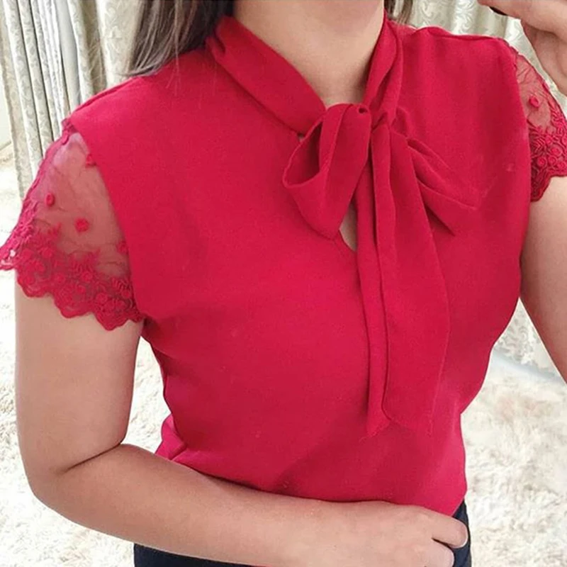 Umeko Lace Up Bow Tie Shirt 2019 Summer Short Sleeve Chiffon Casual Blouse Plus Size 5xl Office Lady Blusas