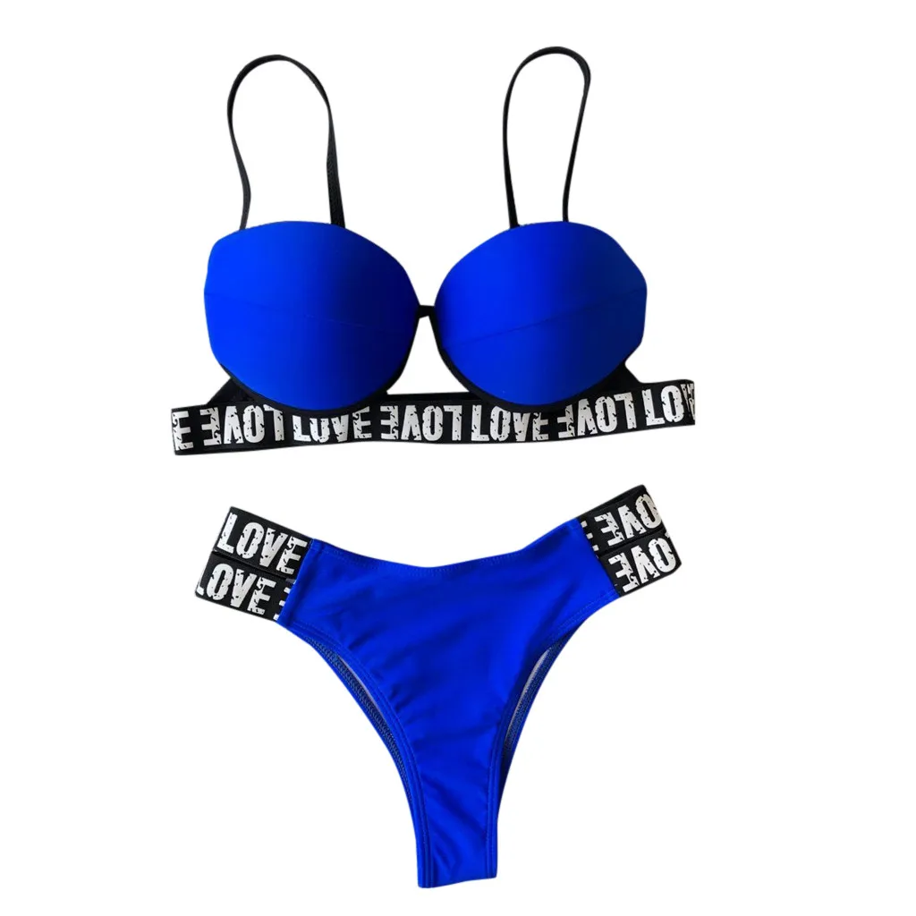 

SAGACE Two Pieces Bikini Padded Sexy Solid Push Up Letter Printed Sling Backless Bikini 2019 Summer Women Swimsuit Swimwear
