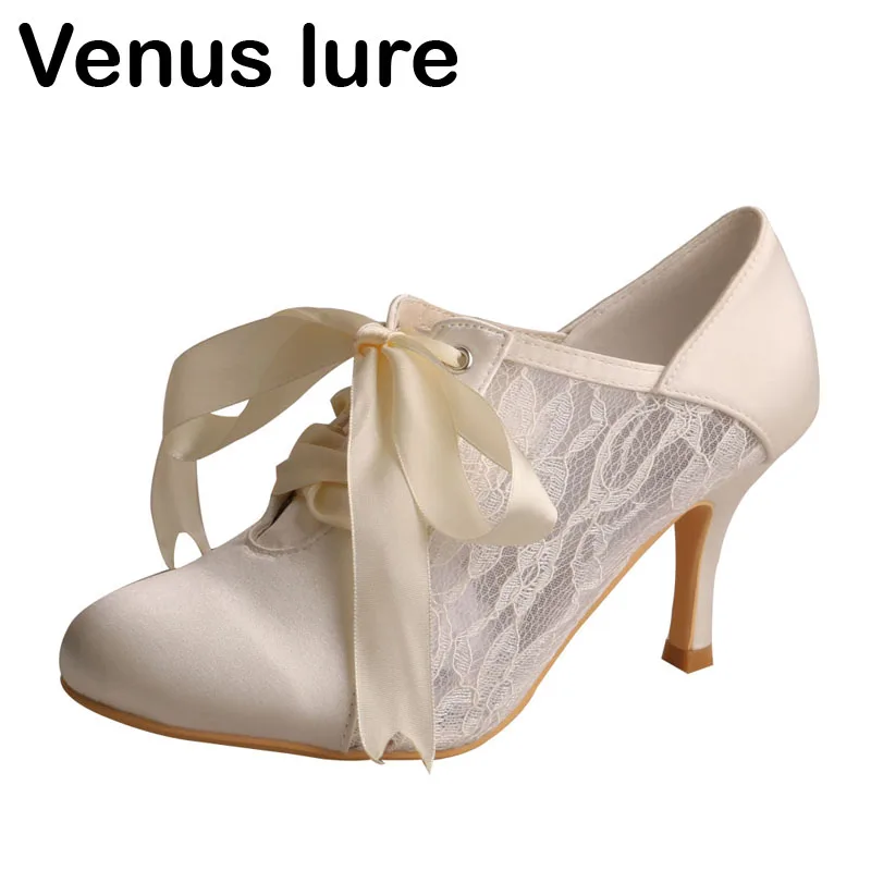 Custom Handmade Lace Up Wedding Shoes Ivory Satin And Lace Bride