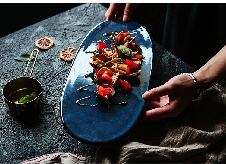 KINGLANG японская креативная керамика темно-синий овальный суши десерт васаби поднос для рыбы тарелка посуда