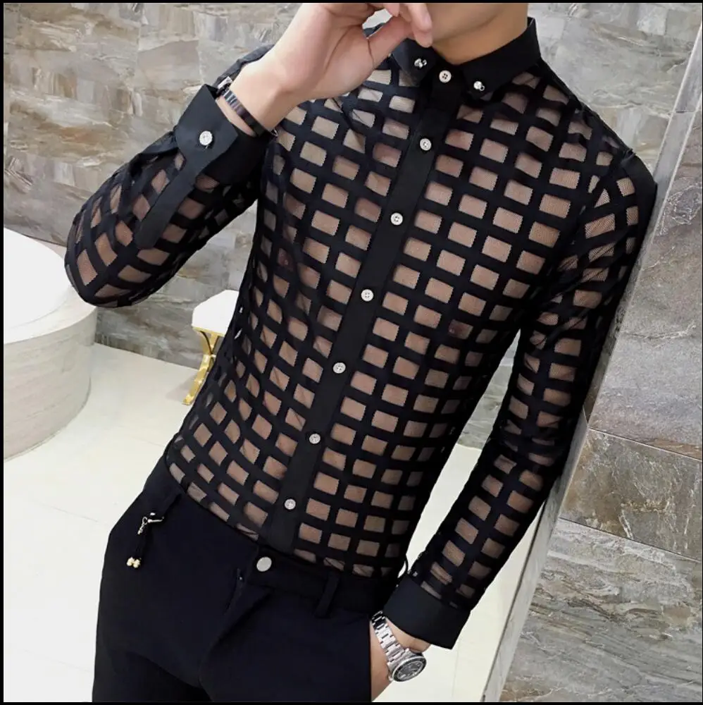 Hot-Summer-New-Men-Nightclub-Personality-Lace-Cutout-Slim-Shirt-White ...