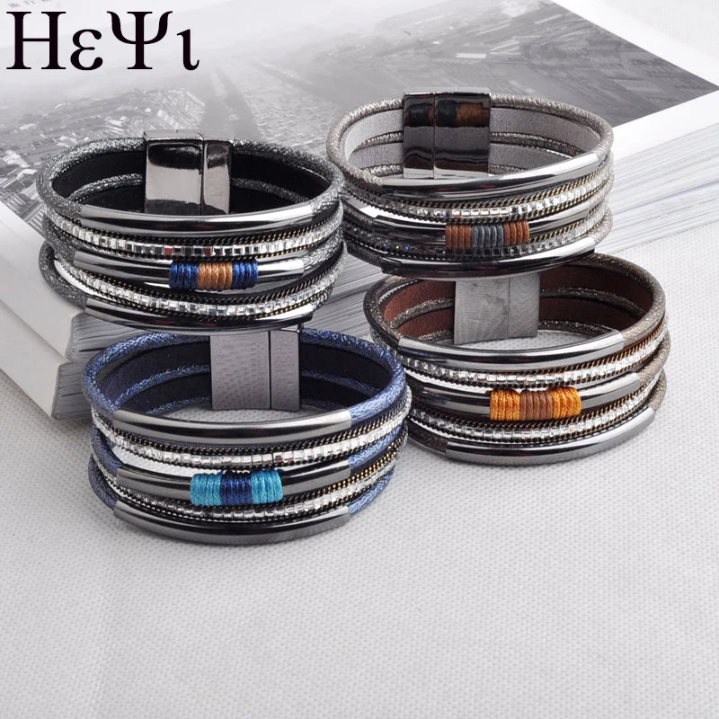 

Heyi Jewelry Ladies Jewelry Multi-layer Rope and Metal Tube Accessories Leather Material 19CM 3 Color Magnetic Buckle Bracelet