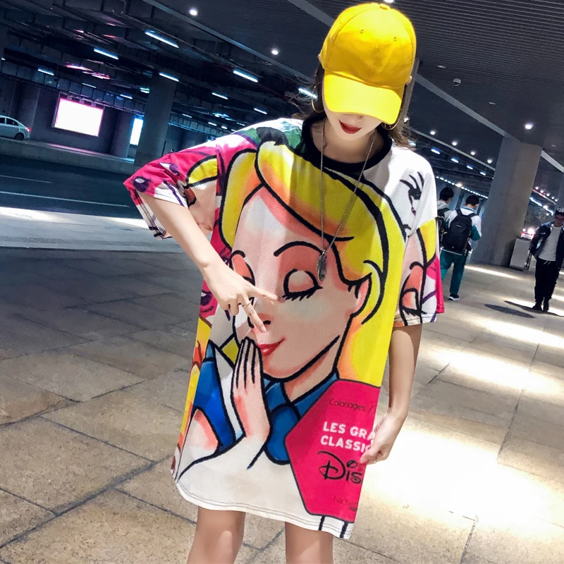 

Printed short-sleeved female 2019 summer new mesh quick-drying cartoon printing students loose cover meat long T-shirt
