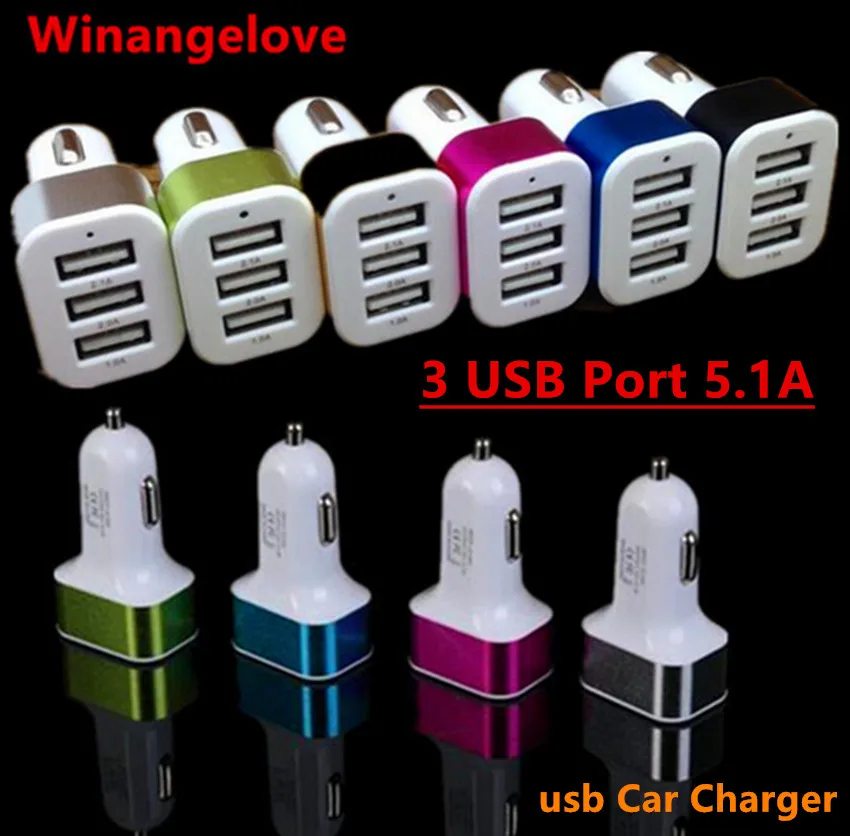 500pcs/lot aluminum alloy Universal 3 USB Port 5.1A usb Car Charger power adapter DC12V 24V for iPhone 5 6 6s 7 ipad samsung s6 | Мобильные