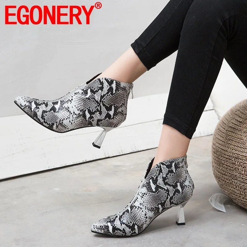 

EGONERY women shoes 2019 autumn newest fashion sexy pointed toe ankle boots outside high heels zip genuine leather ladies shoes
