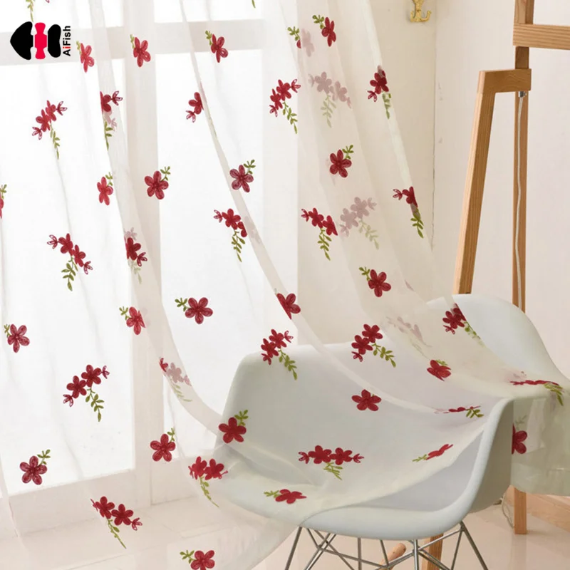 

Floral Tulle Blinds Modern Sheer Fabrics Red Kitchen Door Curtains Dining Curtains Living Room Window Treatments WP261D