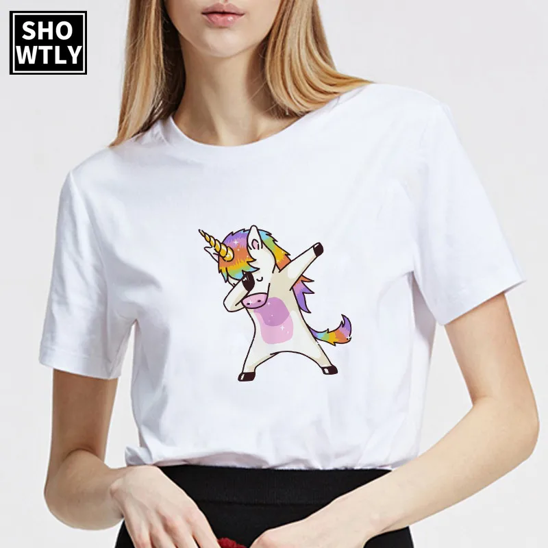 Женская футболка с коротким рукавом и принтом единорога большие размеры Harajuku Kawaii