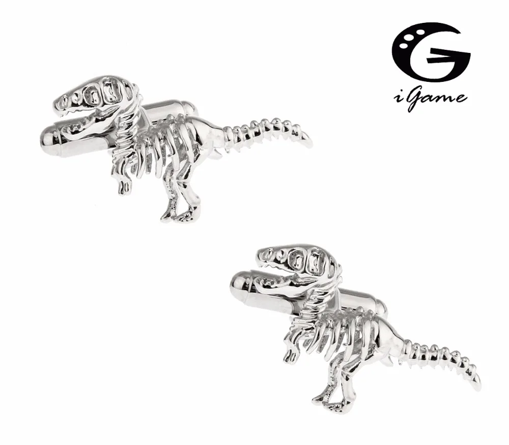 

iGame Dinosaur Cuff Links Silver Color Copper Material Vintage 3D Tyrannosaurus Rex Dinosaur Skeleton Design Free Shipping