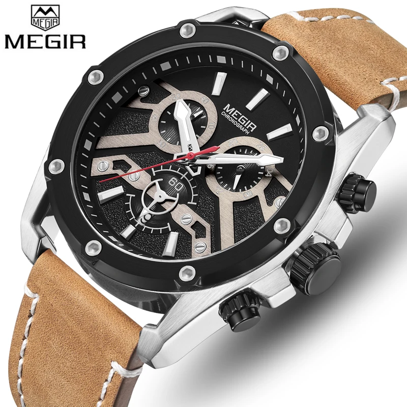 

MEGIR Top Brand Men's Fashion Analog Quartz Calendar Watches Men Army military Chronograph Watch Casual Sport Leather Wristwatch