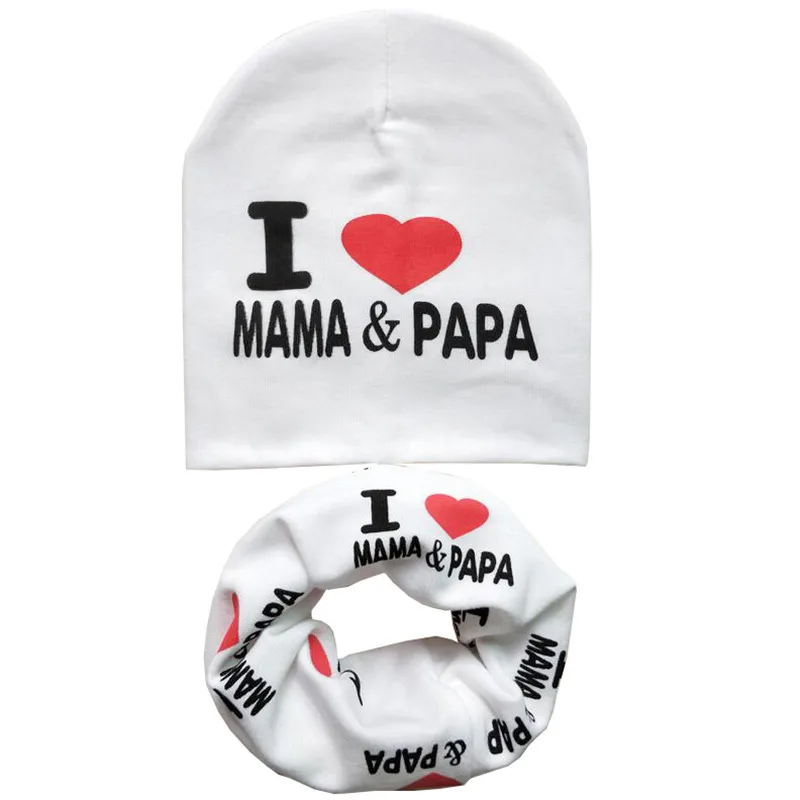 White MAMA PAPA set Новая осенне-зимняя детская шапка, комплект для мальчиков и девочек, шарф на шею, весенний теплый шейный платок, детские вязаные шапки, комплекты, хлопковая детская шапка, шарф - Цвет: White MAMA PAPA set