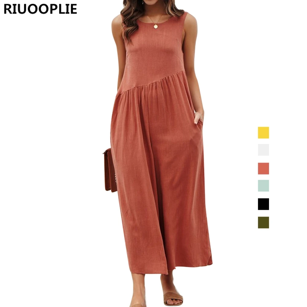 

RIUOOPLIE Womens Sexy Jumpsuit Round Neck Sleeveless Wide Leg Loose Romper Pocket
