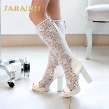 SaraIris/женская летняя обувь на платформе и высоком квадратном каблуке с открытым носком женские дышащие Сапоги до колена на шнуровке