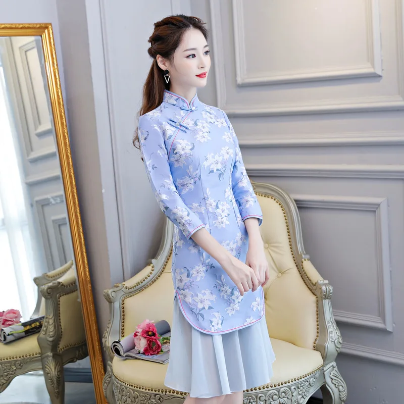 Зимнее китайское платье Cheongsam с длинным рукавом для девочек, традиционное женское ретро платье, современные восточные платья - Цвет: Jfish tail blue