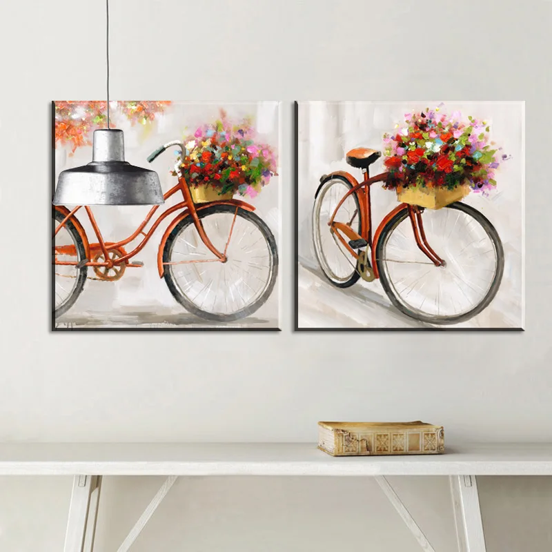 

2 Piece red Bicycle flower oil painting Home Decor Modular pictures canvas art print Painting on the wall for living room poster
