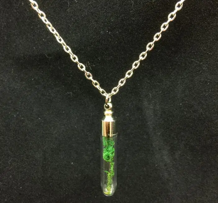 

1sets 70cm Fahion Green moss silver plated long chain necklace handmade tube glass cover vial wish bottle tiny pendant jewelry