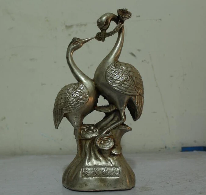 

R0720 Details about China Tibet Silver Folk carved eximous Lucky as one wishes Two crane Statue B0403