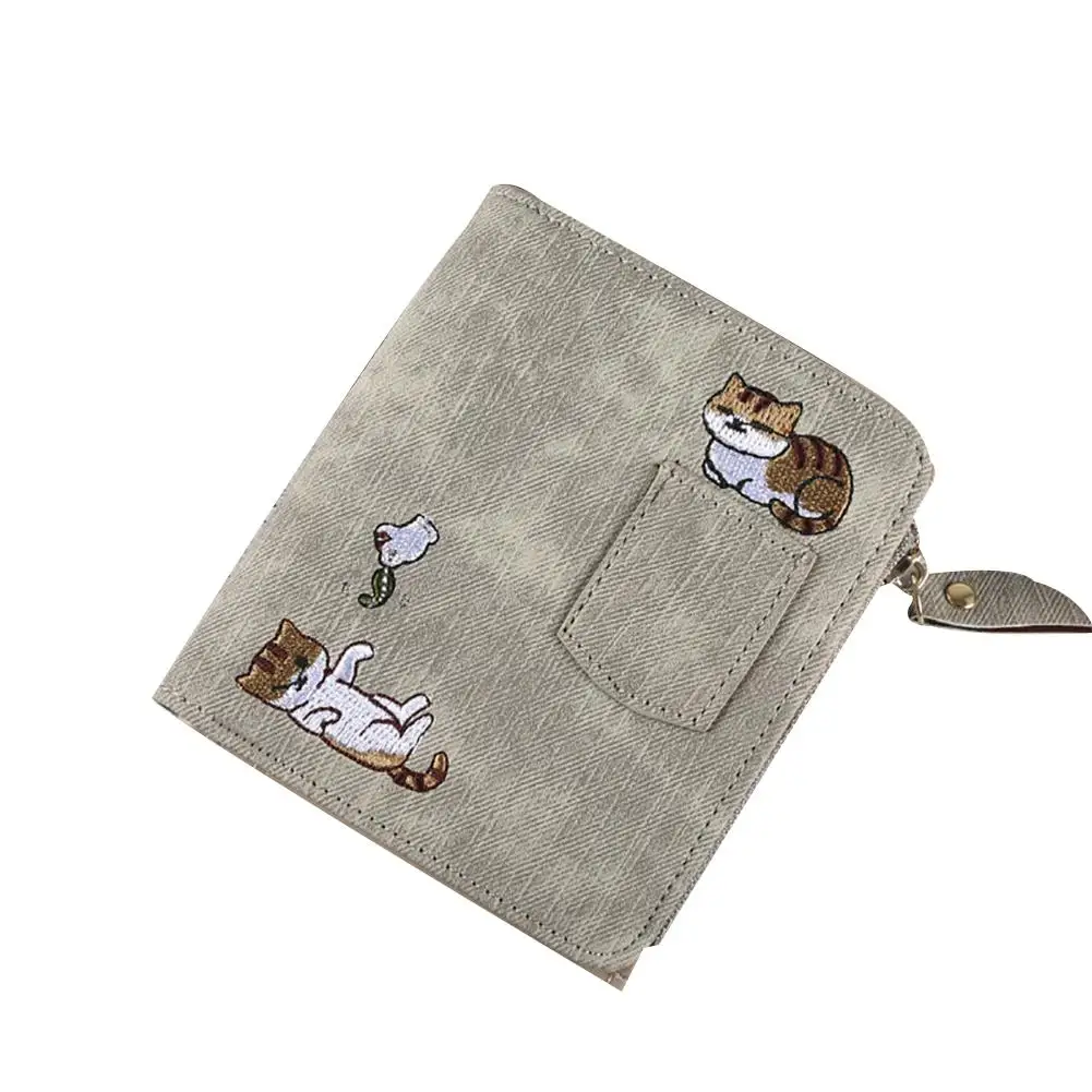 Вышивка мультяшного кота Двойные кошелек визитница женские бумажник из искусственной кожи