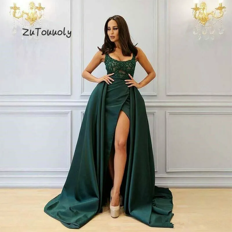 

Saudi Arabia Dubai Evening Dress With Beaded A Line Front High Slits Satin Long Prom Gowns Dark Green Turkey 2019 Evening Dress