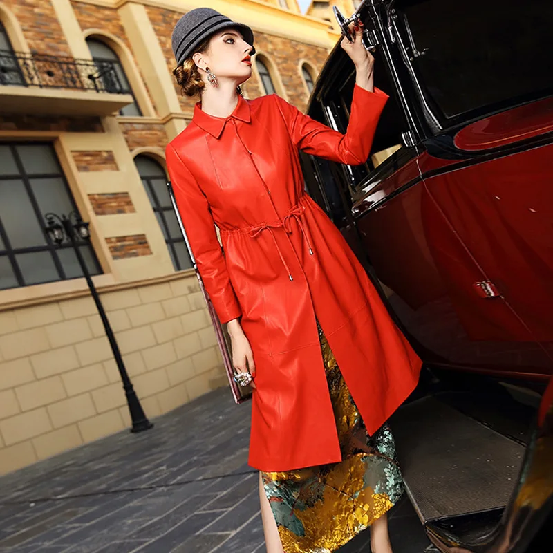 

Spring Women's Fashion Slim Turn Down Collar Single Covered Button Genuine Sheepskin Leather Trench Coats Ladies Elegant Outwear
