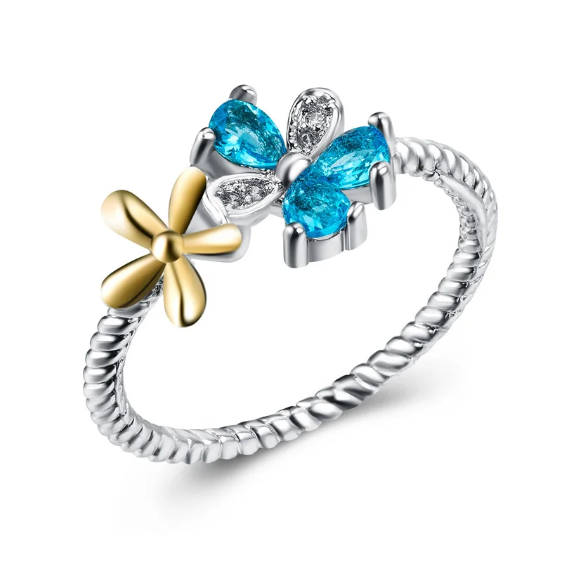

MOONROCY Cubic Zirconia Rings Silver Color Crystal CZ Wedding Ring Blue Flower Party Women Rings Jewelry Wholesale Dropshipping