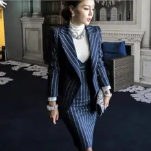 Модный деловой костюм из 2 предметов, однобортный пиджак в полоску и прямое платье, офисный женский костюм, женская одежда