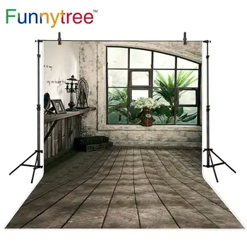 

Funnytree fond studio Photo background window vintage indoor Potted plant wood floor glass photography backdrops photophone