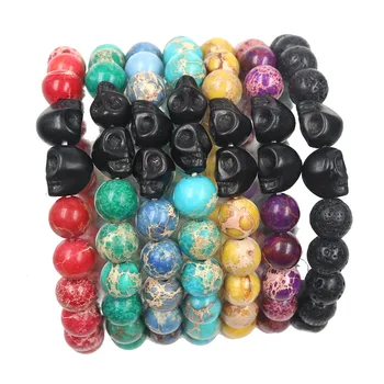 

xinshangmie Wholesale 10pcs Double Skull Head Bracelet Men Jewelry Emperor Turquoises Bead Elasticity Bracelets Fashion Jewelry