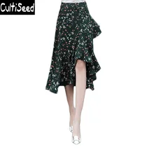 С цветочным принтом, шифоновые юбки для девочек женские Винтаж элегантная для работы в офисе Асимметричный оборками Длинные юбки женские корейские юбки