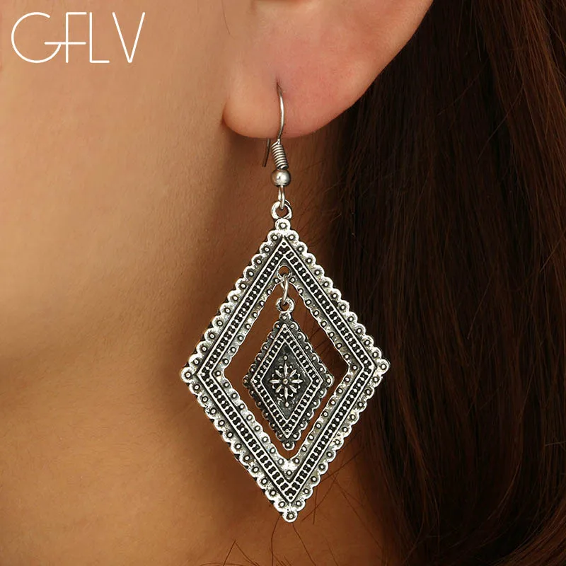 

GFLV Bohemia Wind Geomentric Earring National Restoring Ancient Way Hollow Out Wavy Women Earrings Jewelry Accessories E091