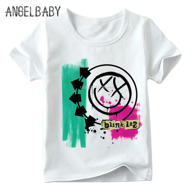 

Fashion Blink 182 Rock Band Smiley Face Print Children Funny T shirt Boys/Girls Summer Tops Kids Soft White T-shirt,HKP501